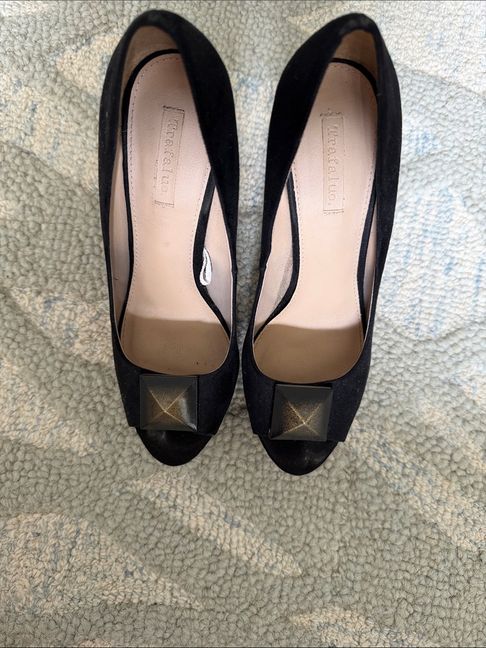 Zara Black Peep-Toe Heels with Square Gold Accent
